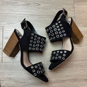 Fergalicious Black Heeled Sandals Chunky Heel Jolene Studded Womens Size 7